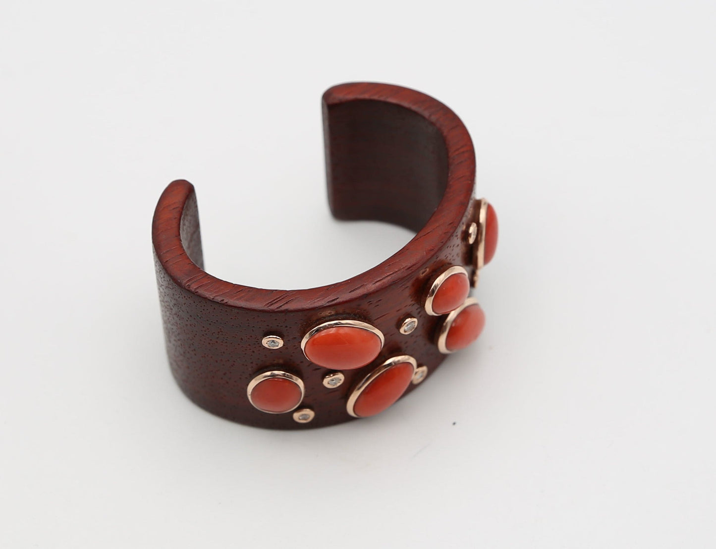 Wooden bracelet with coral and diamonds
